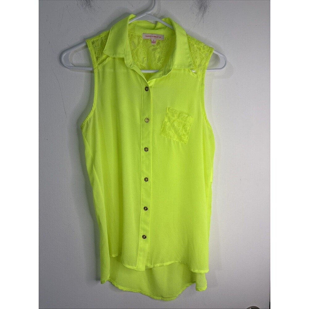 MARGO‎ & SEBASTIAN Sleeveless Button Front Blouse Womens S Neon Green Top Lace